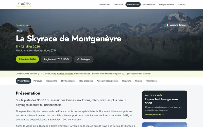 Une fiche de course, en français et en italien.