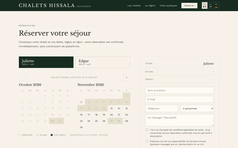 Le calendrier de réservation des Chalets Hissala